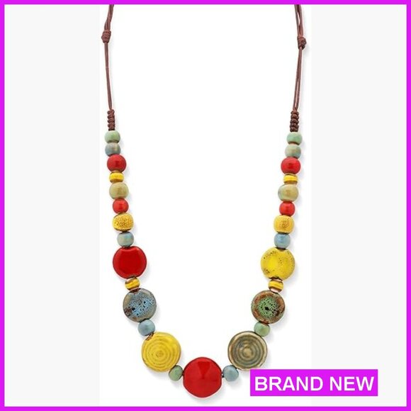 Jewelry - Boho Ceramic Bead Strand Necklace Adjustable Cord Vintage Bohemian Jewelry